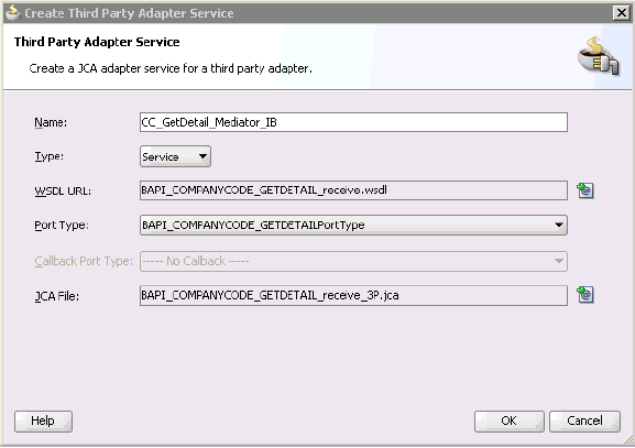 Create Third Party Adapter Service dialog box