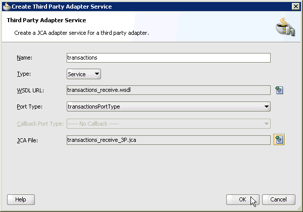 Create Third Party Adapter Service dialog box