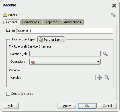 Receive dialog in the SOA Composite Editor