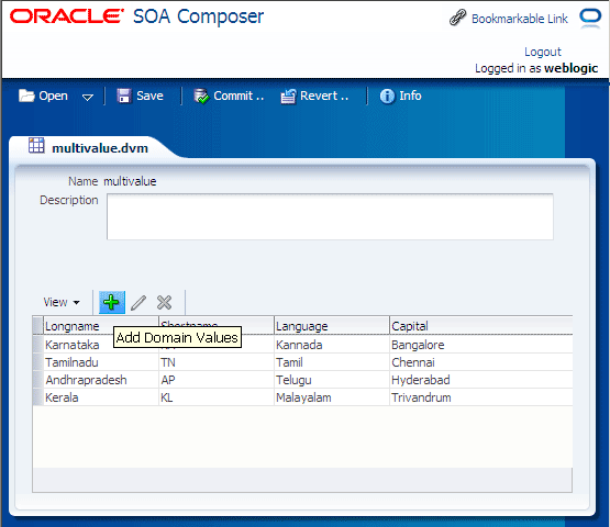Highlighted Add Domain Values icon in SOA Workspace