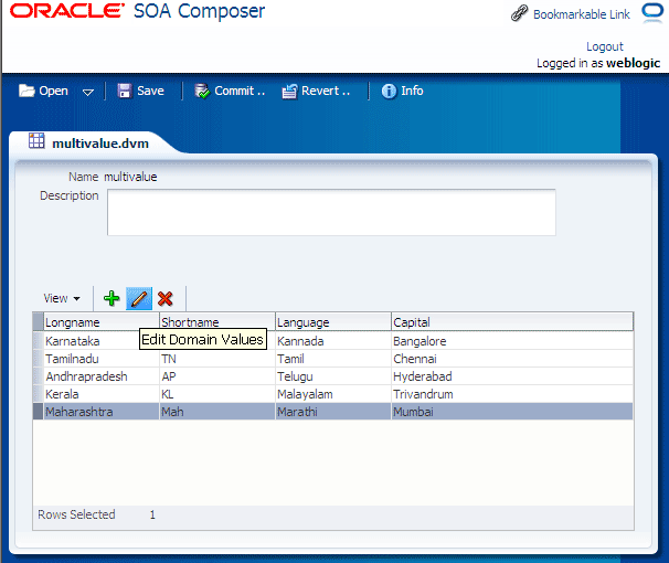 Highlighted Edit Domain Values Icon in SOA Workspace