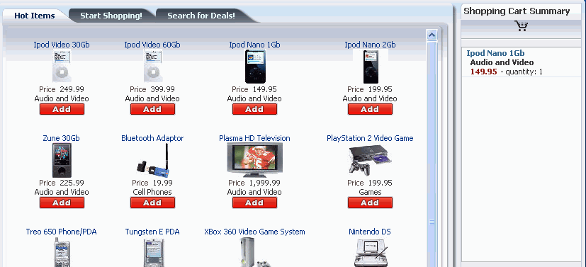 Shopping Cart region on Home page.
