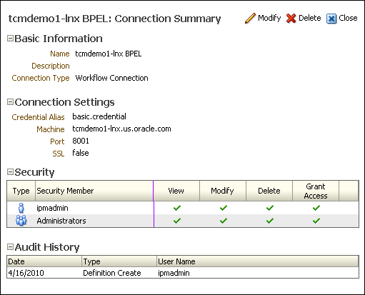 Workflow Connection Summary page