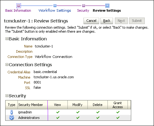 BPEL Connection Review Settings Page