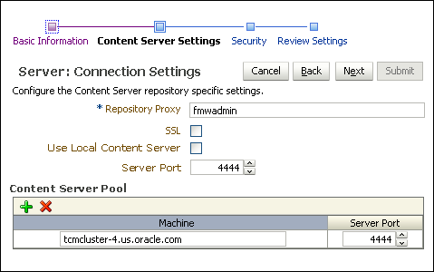 Connection Content Server Settings page