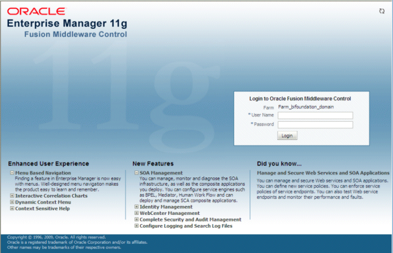 Fusion Middleware Control Login page.