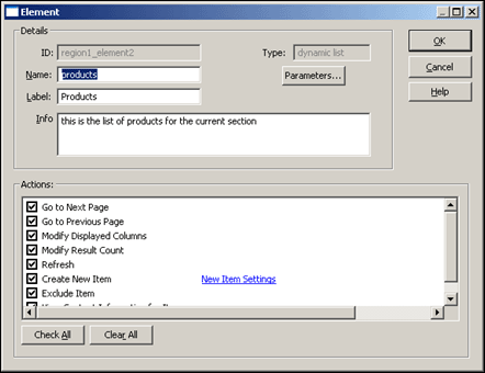 Dynamic List Element dialog box