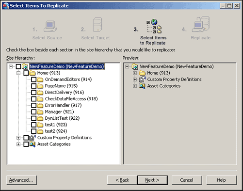 Select Items to Replicate Replicator Dislog Step 3