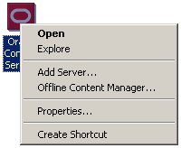 Right-click menu of Oracle Content Server icon on desktop.