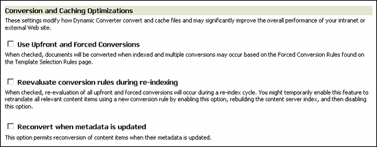Conversion and caching optimization settings