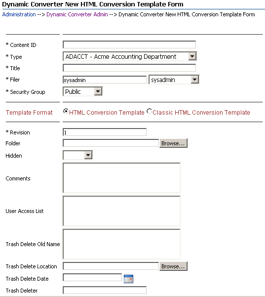 New HTML Conversion Template Form