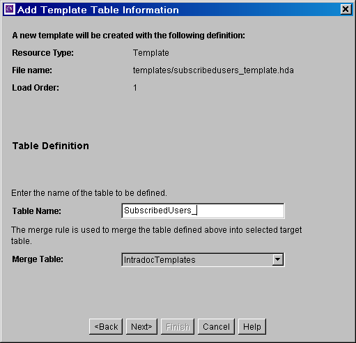 Add Template Table Information screen.