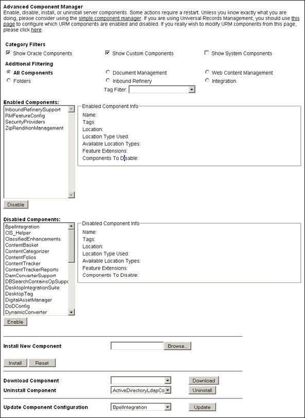 This figure shows the Advanced Component Manager screen.