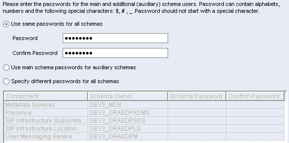 Schema Passwords screen.