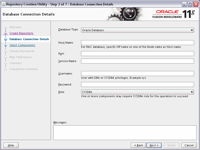 rcu database connection details screen