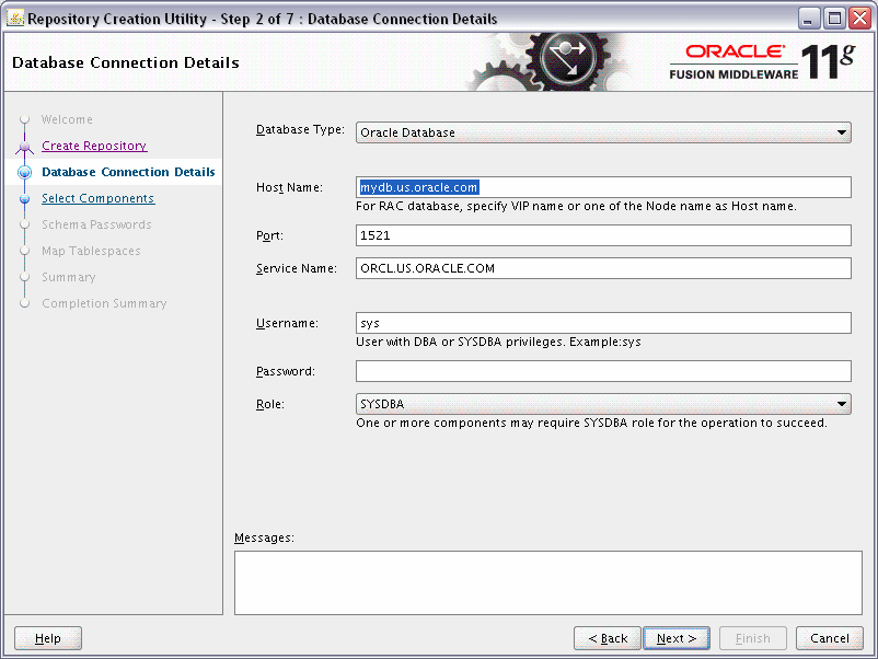 rcu database connection details screen