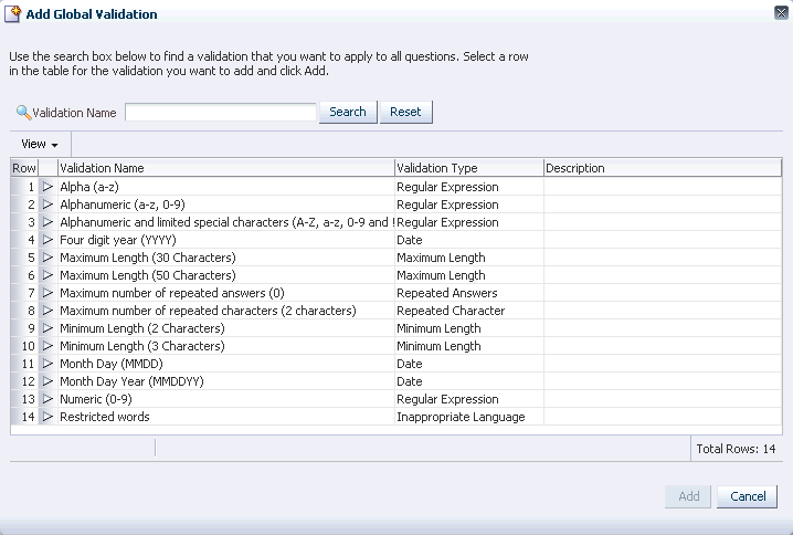 The Add Global Validation dialog is shown.