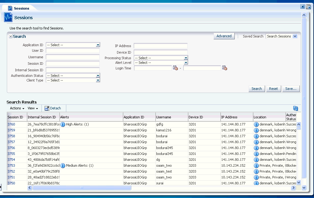 The screen shows the Sessions search page.