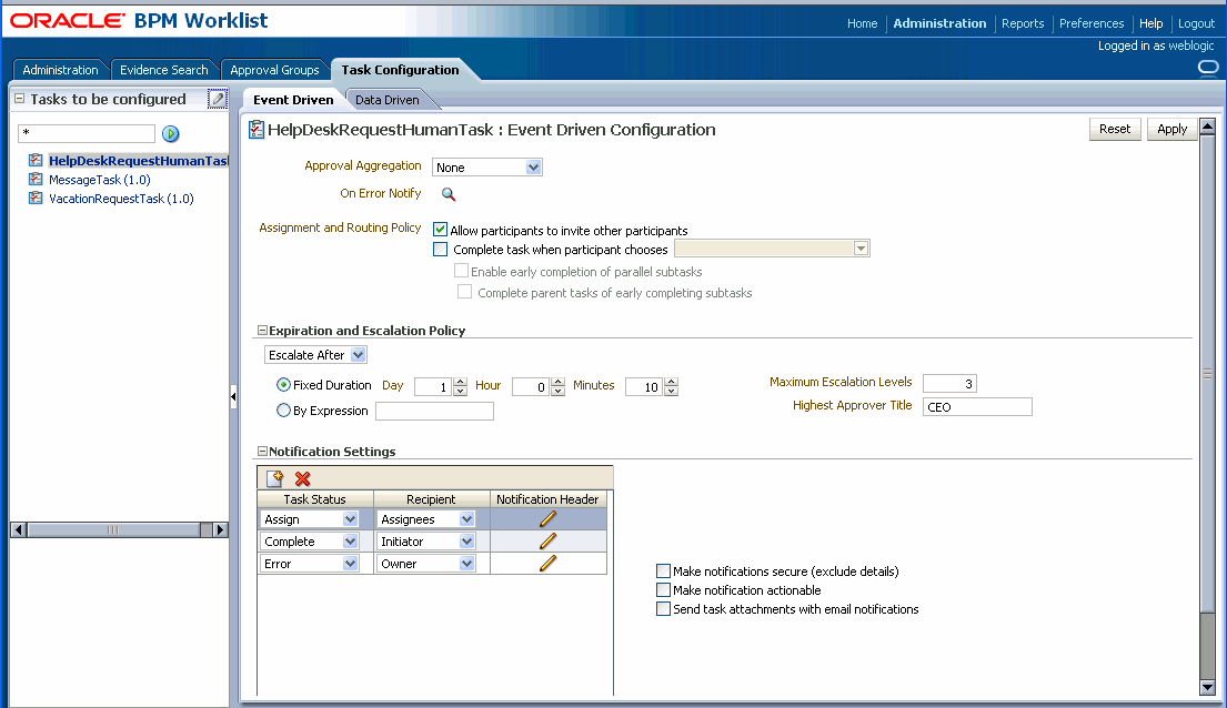 Task Configuration: Event Driven, Edit Mode