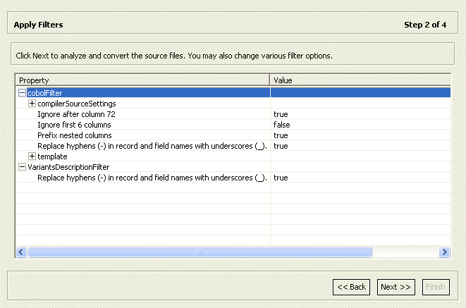 Setting filter properties for COBOL used for import.