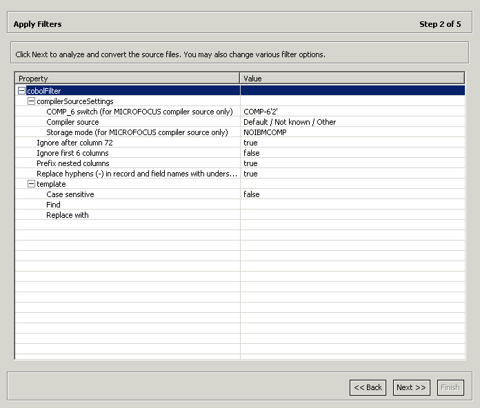 Setting filter properties for COBOL used for import.