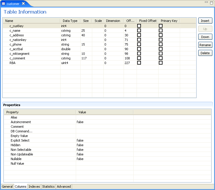 The adapter metadata column tab