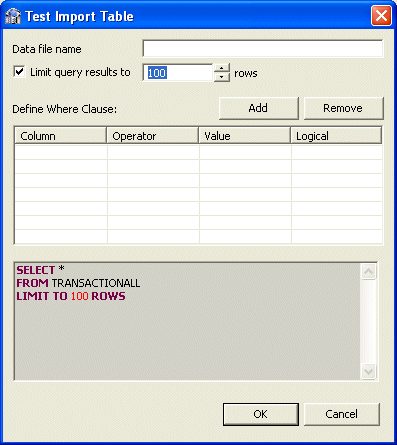 The Test Import Table screen.