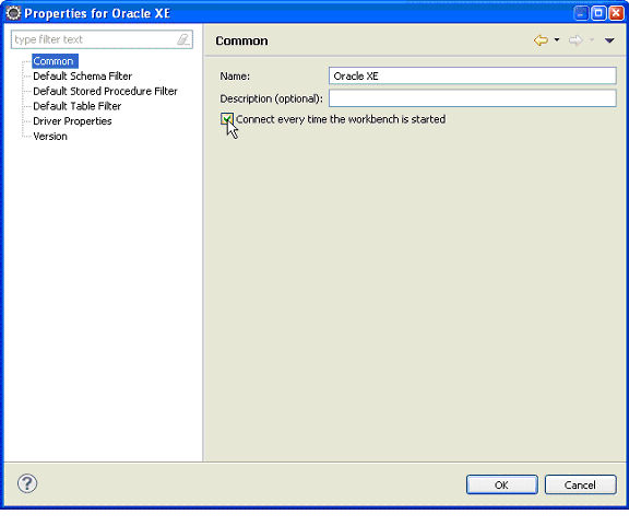 Common connection properties for the OracleXE connection.