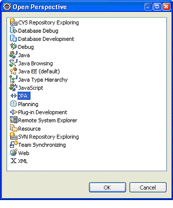Selecting JPA in the Open Perspective dialog.