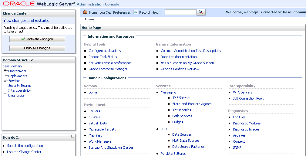 Oracle WebLogic Server Administration Console home page