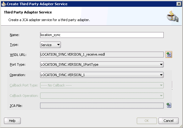 Create Third Party Adapter Service dialog box