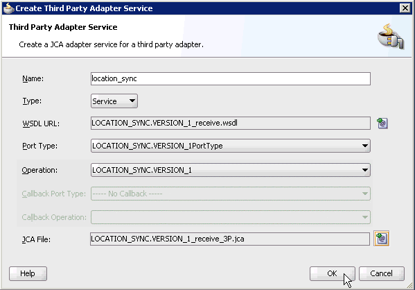 Create Third Party Adapter Service dialog box