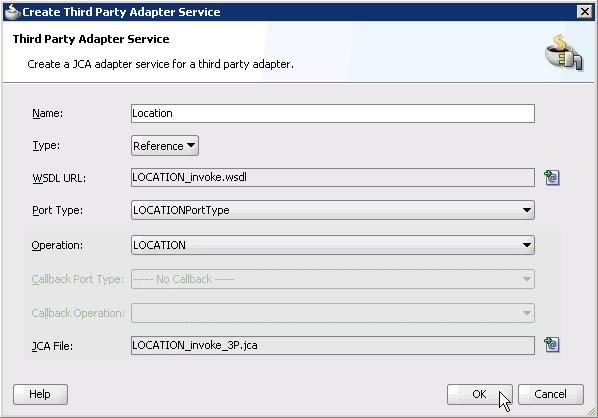 Create Third Party Adapter Service dialog box