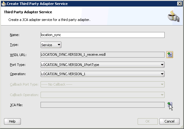 Create Third Party Adapter Service dialog box