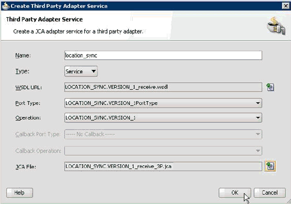 Create Third Party Adapter Service dialog box