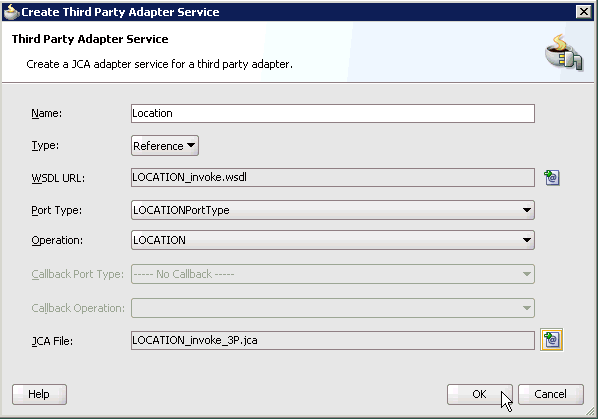 Create Third Party Adapter Service dialog box