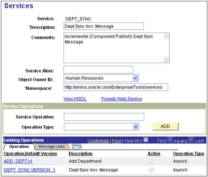 DEPT_SYNC Services pane