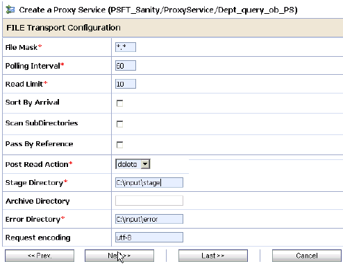 File Transport Configuration page