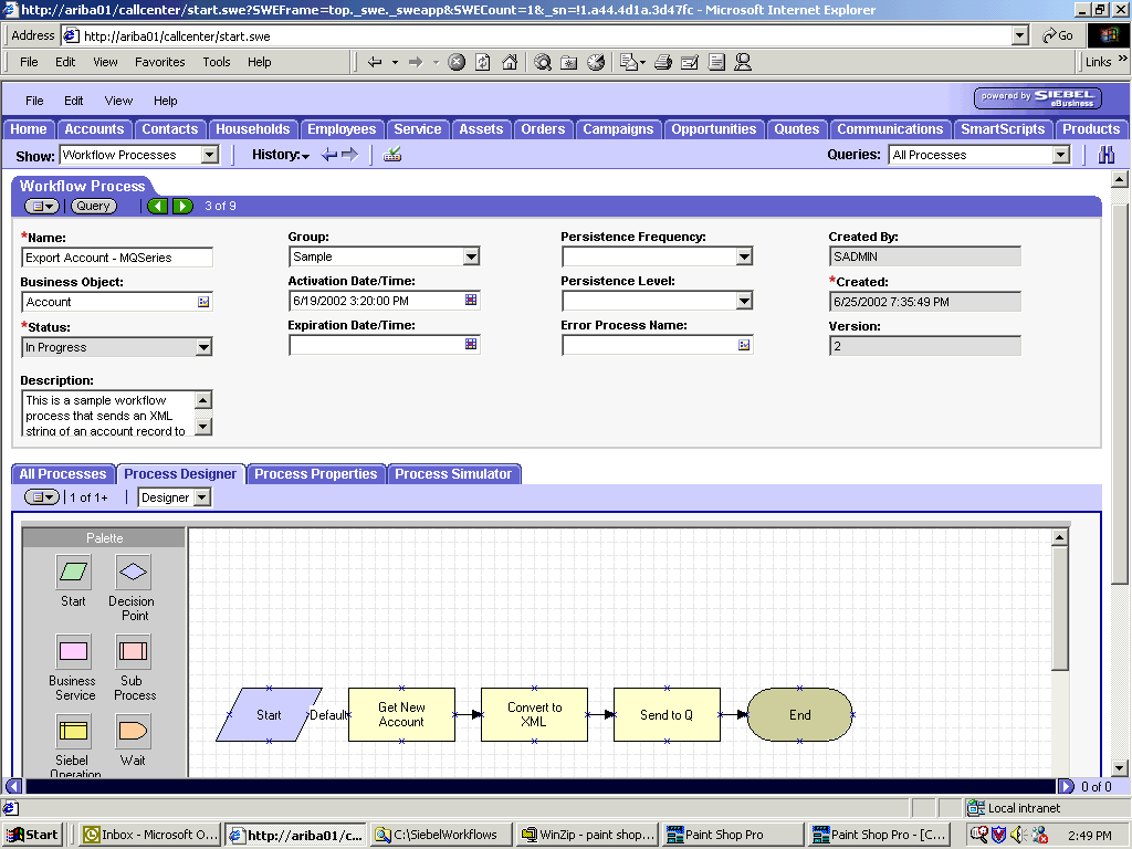 Siebel Workflow Administration window.