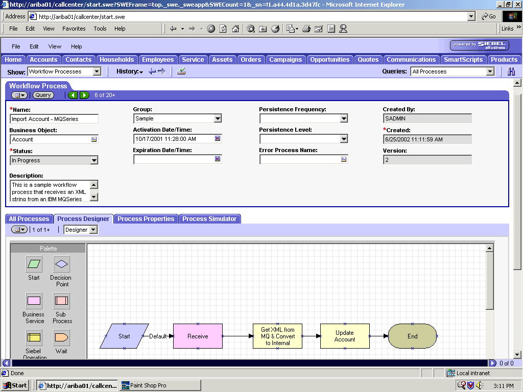 The Siebel Workflow Administration window.