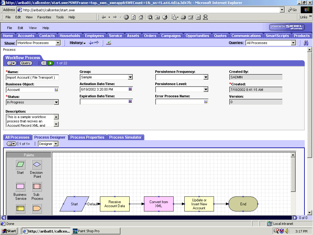 The Siebel Workflow Admininstration window.