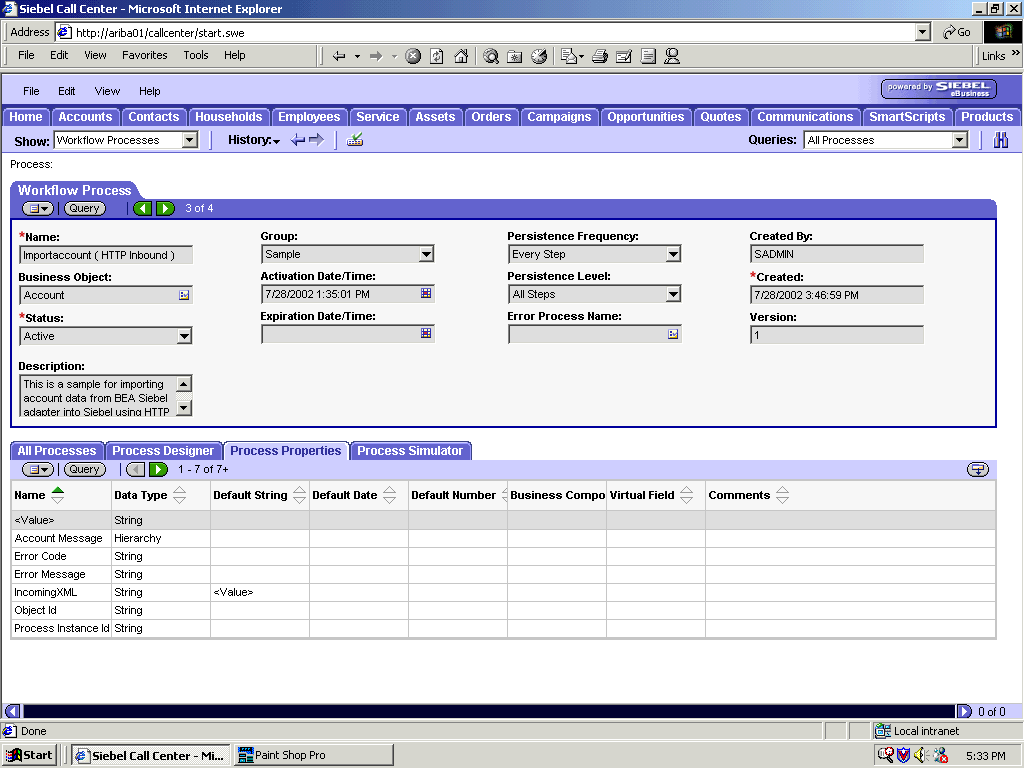 Process Properties tab of Workflow Process window.