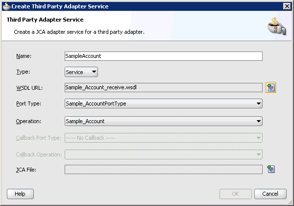 Create Third Party Adapter Service dialog box