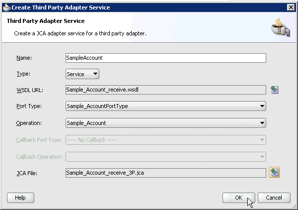 Create Third Party Adapter Service dialog box