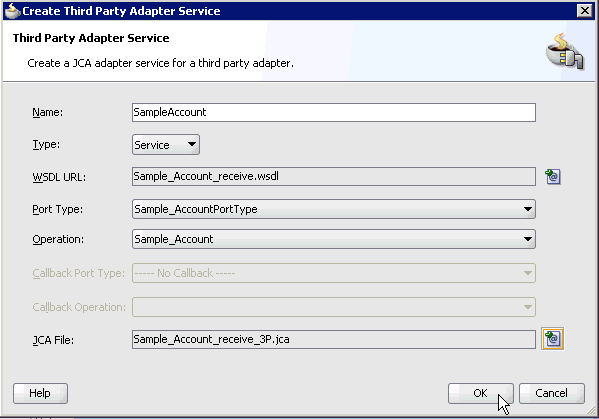 Create Third Party Adapter Service dialog box