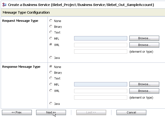 Message Type Configuration page