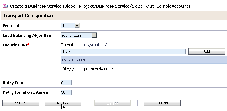 Transport Configuration page