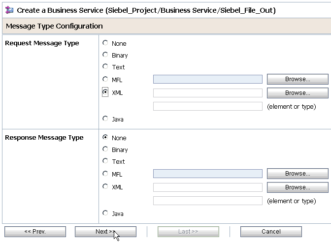 Message Type Configuration page