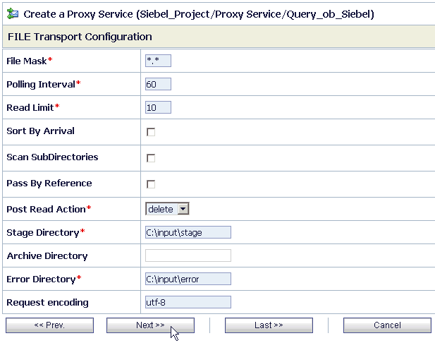 File Transport Configuration page