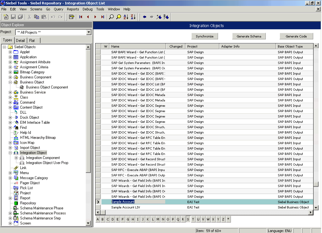 Siebel Tools window.